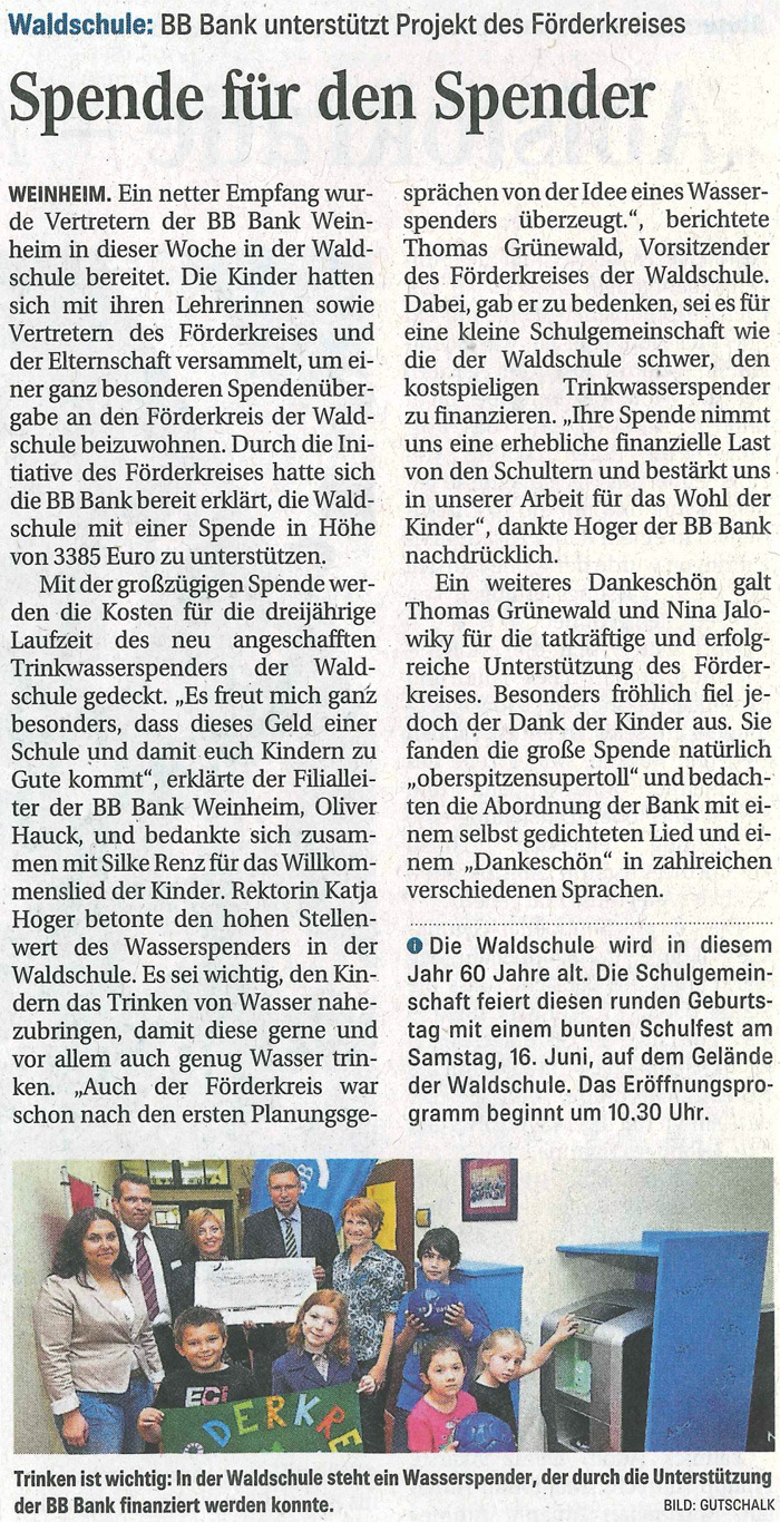 Spende BB Bank - Weinheimer Nachrichten 14. Juni 2012